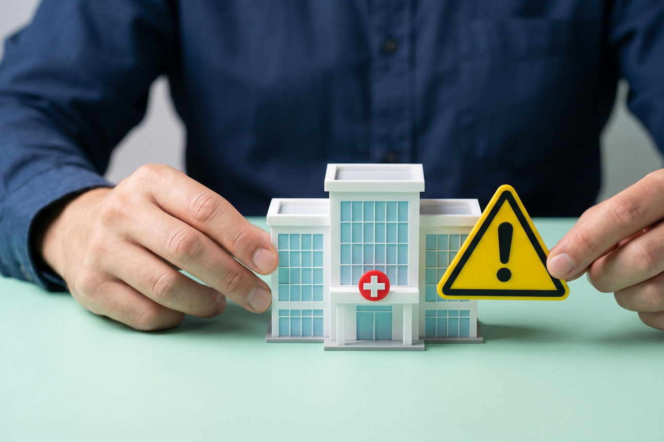 Hände zeigen ein Krankenhaus mit gelbem Warnschild in die Kamera