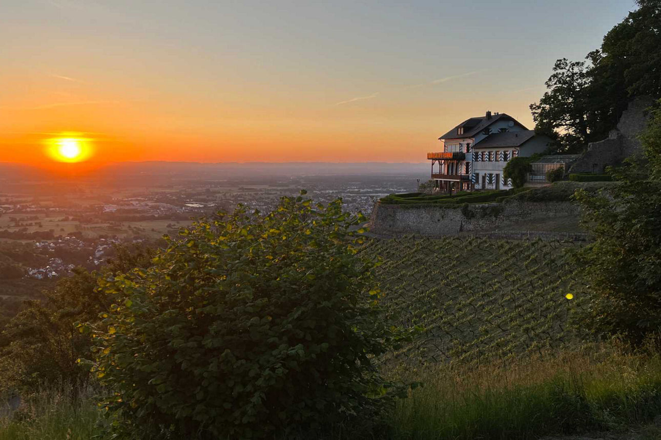 Sonnenuntergang mit Blick auf die Vogesen und im Vordergrund die Burg Windeck
