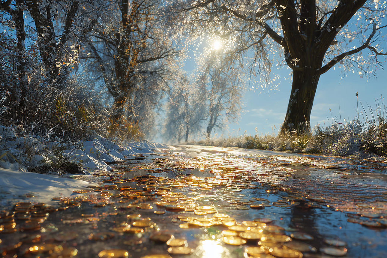 KI-generiertes Bild einer Winterlandschaft mit Geldmünzen auf einem Weg.