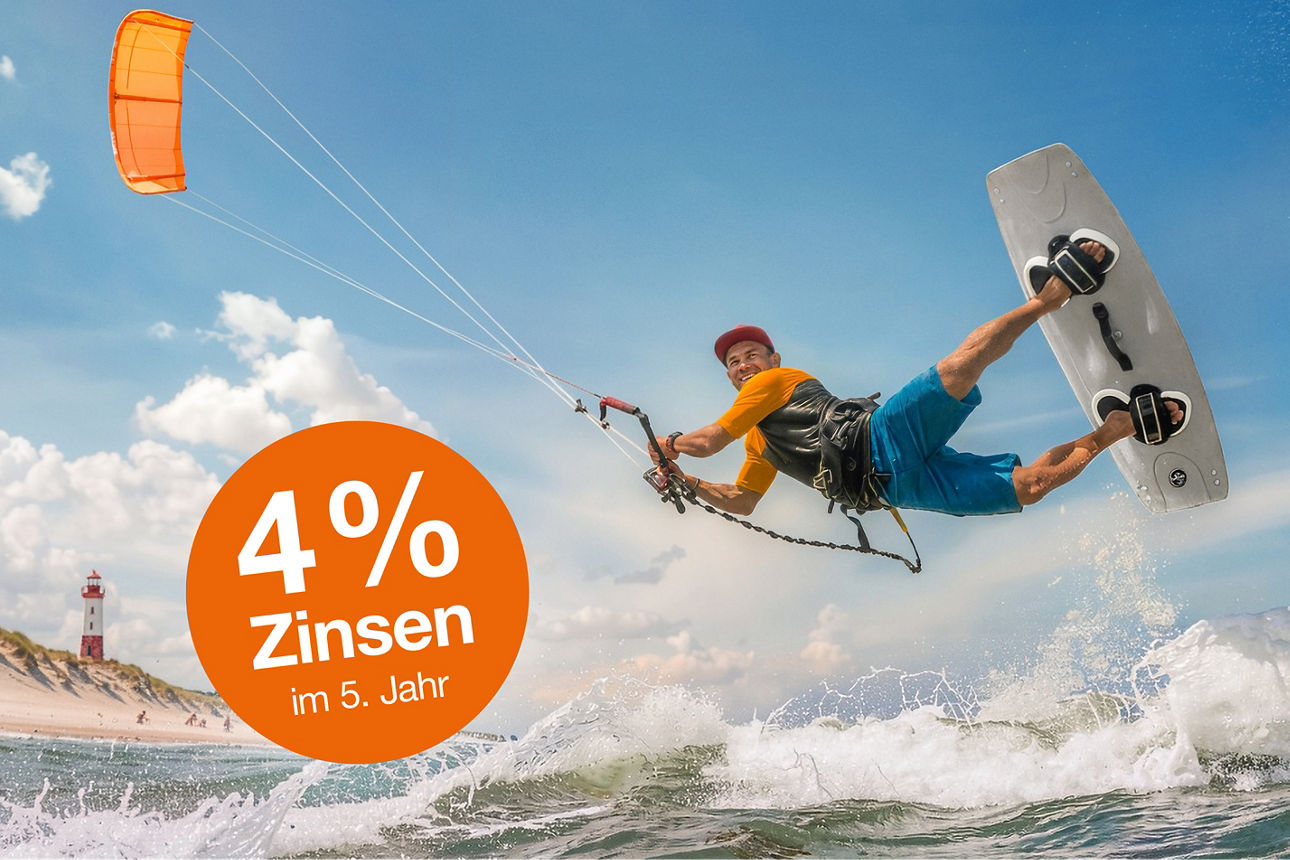 Aktiver Kitesurfer steigt wie die Zinsen von Sparda Dynamic in die Höhe