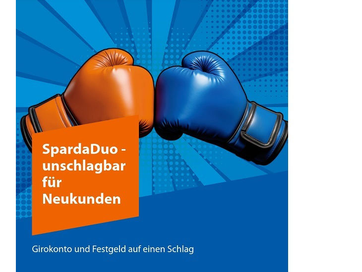 Zwei Boxhandschuhe, die gegeneinander schlagen; dazu der Text "SpardaDuo - unschlagbar für Neukunden"