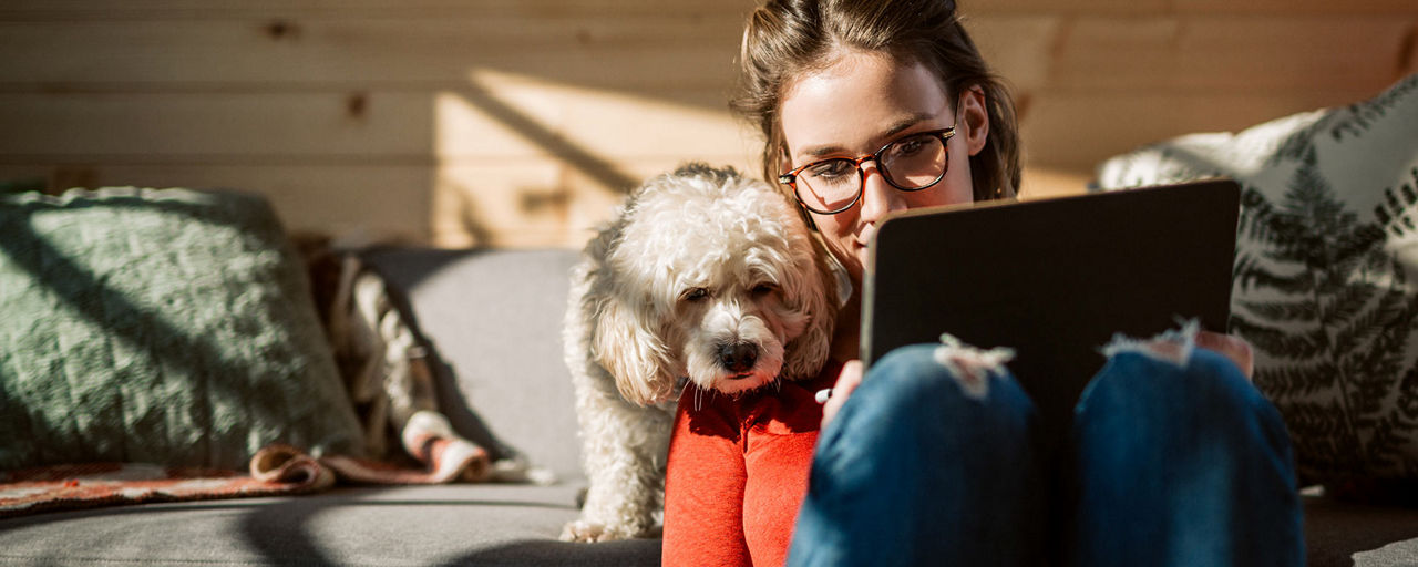 Frau und Hund schauen in Laptop