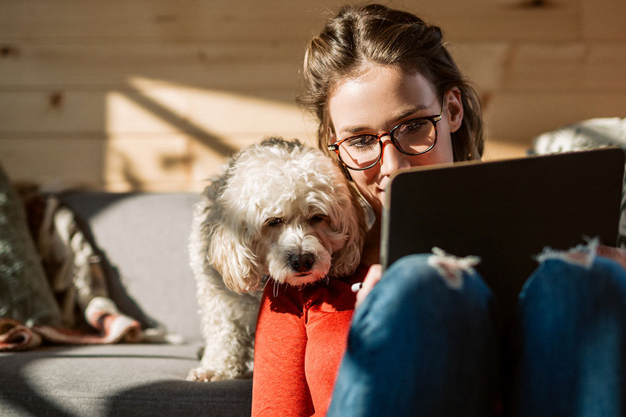 Eine junge Frau und ein Hund schauen auf ein Tablet