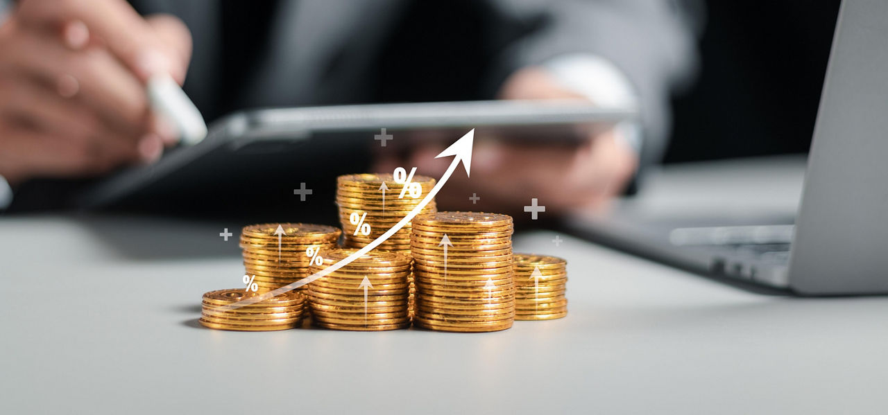 Businessman collecting coins with profit chart analysis business growth, profit growth management and corporate financial statistics. finance and investment concept.
