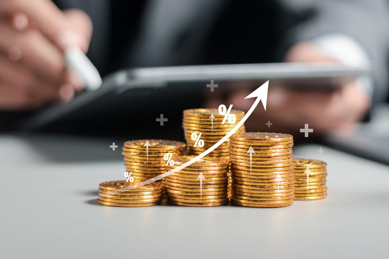 Businessman collecting coins with profit chart analysis business growth, profit growth management and corporate financial statistics. finance and investment concept.