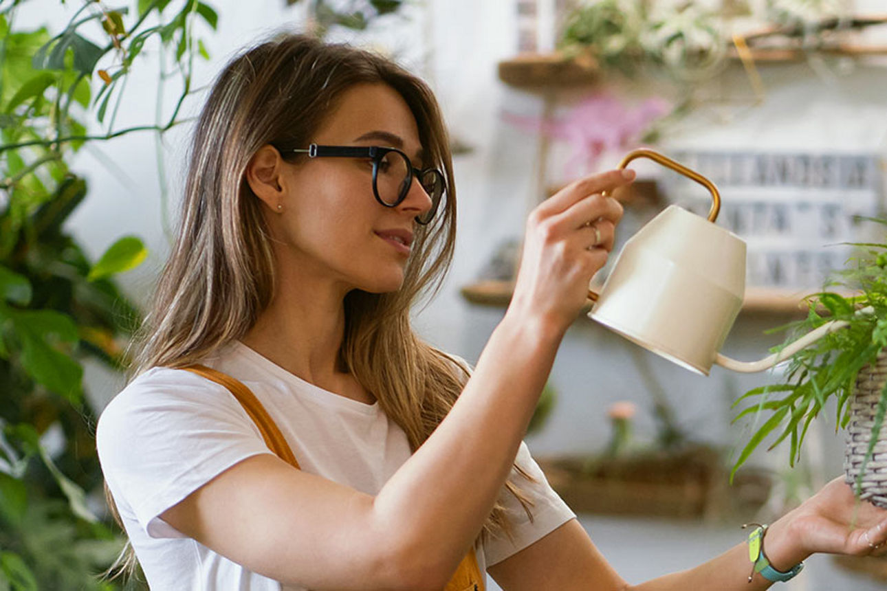 Frau mit Brille gießt Pflanze