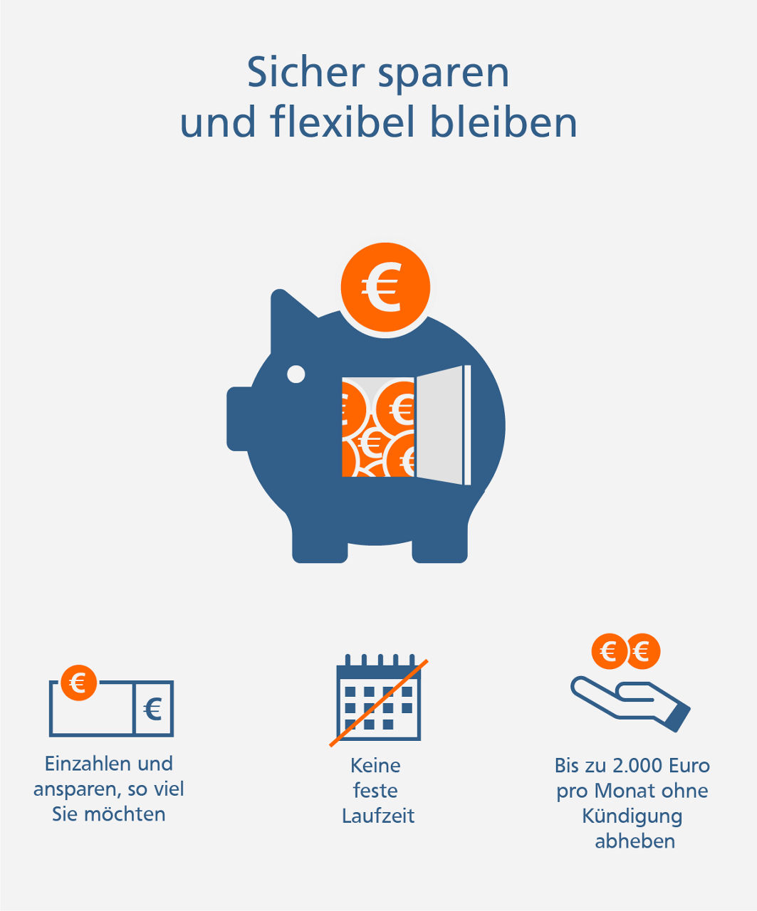 Ein Sparschwein mit der Aufschrift "Sicher sparen und flexibel bleiben", das Sparen und Flexibilität symbolisiert.