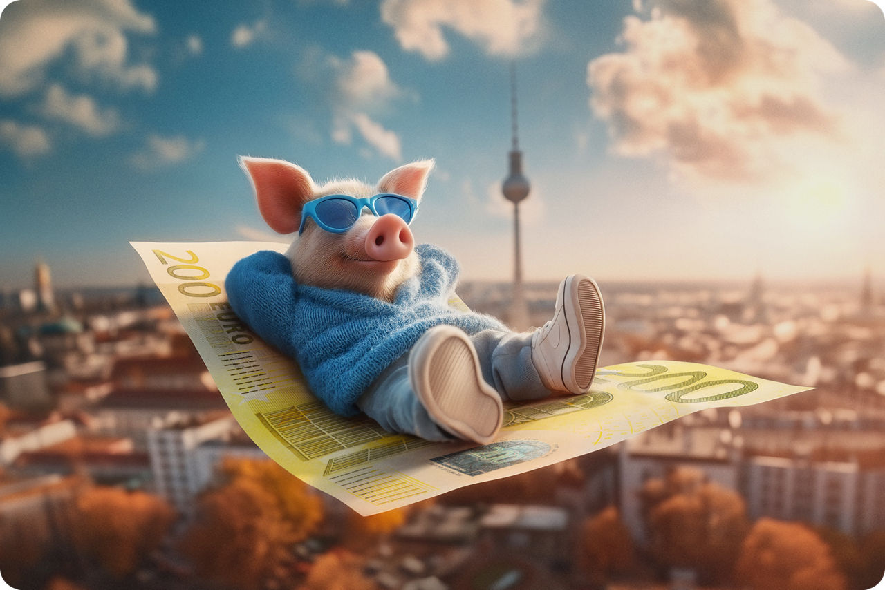 Ein Schwein fliegt auf Geldscheinen über Berlin. Bild wurde mithilfe von KI genreriert.