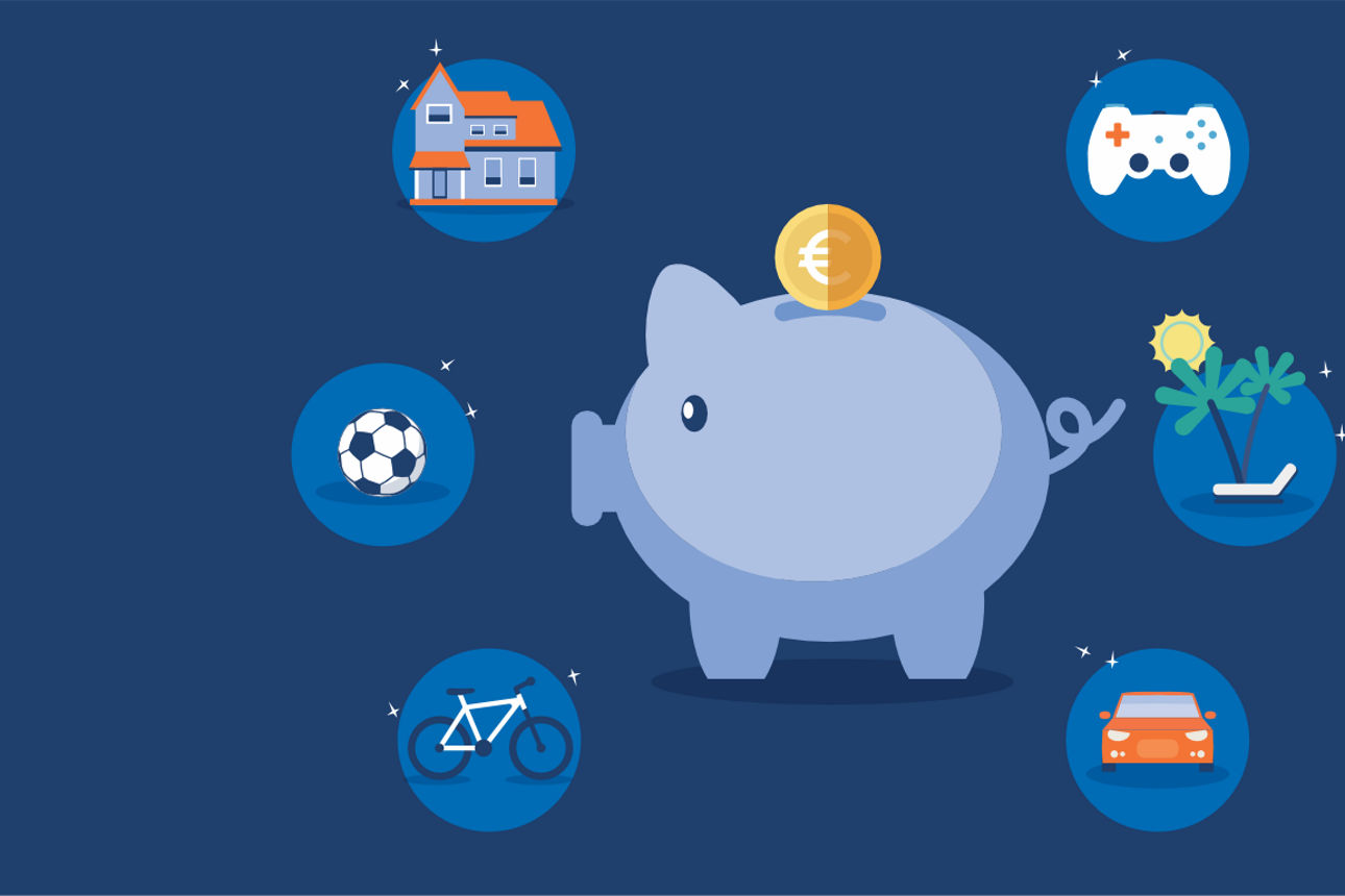 visuelle Darstellung – blaues Sparschwein mit Symbolen für Haus, Urlaub, Auto und Freizeit