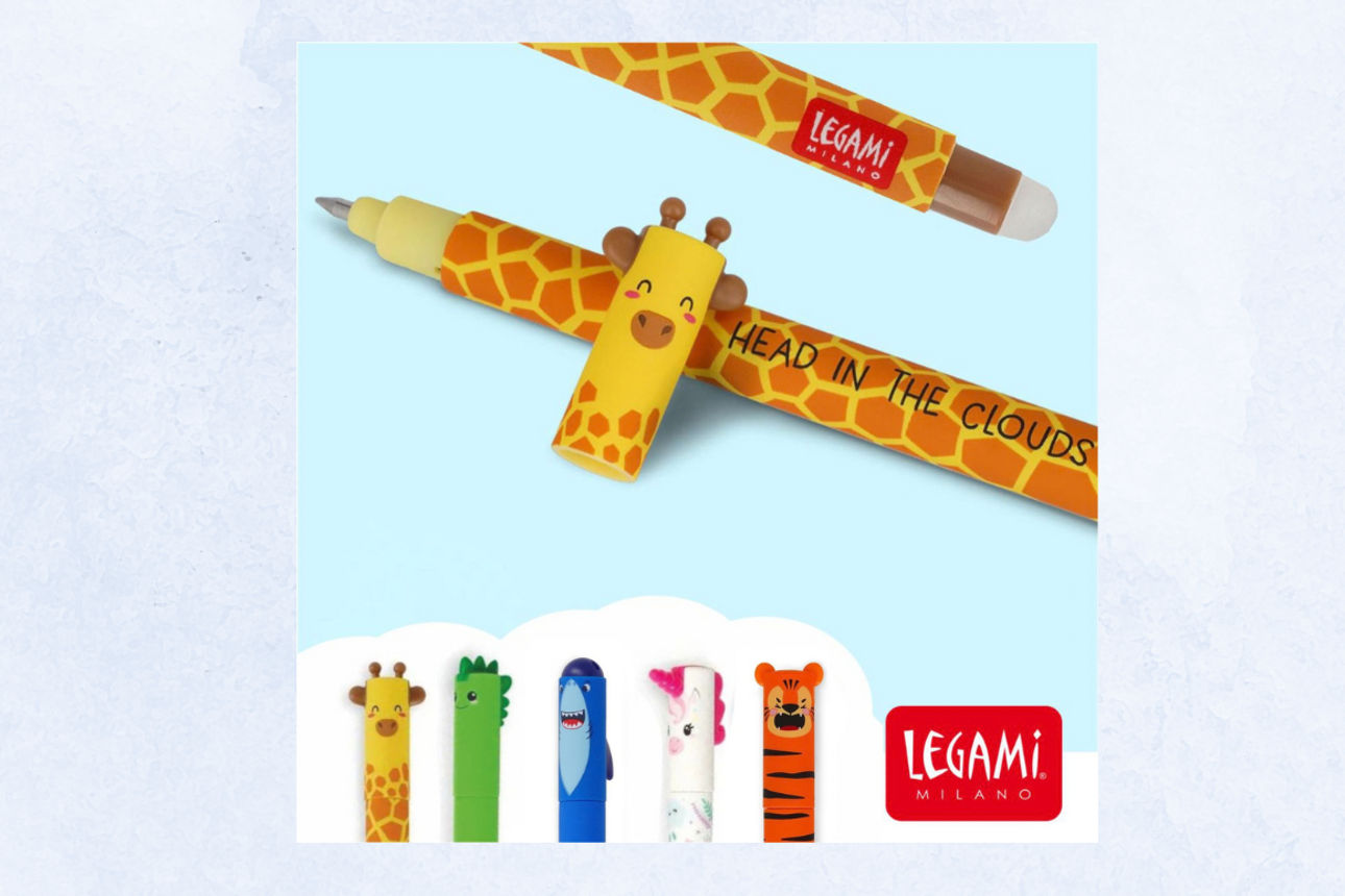 Giraffen-Gelstift von Legami mit Tiermotiv-Kappe, daneben weitere Stifte der Tierkollektion.