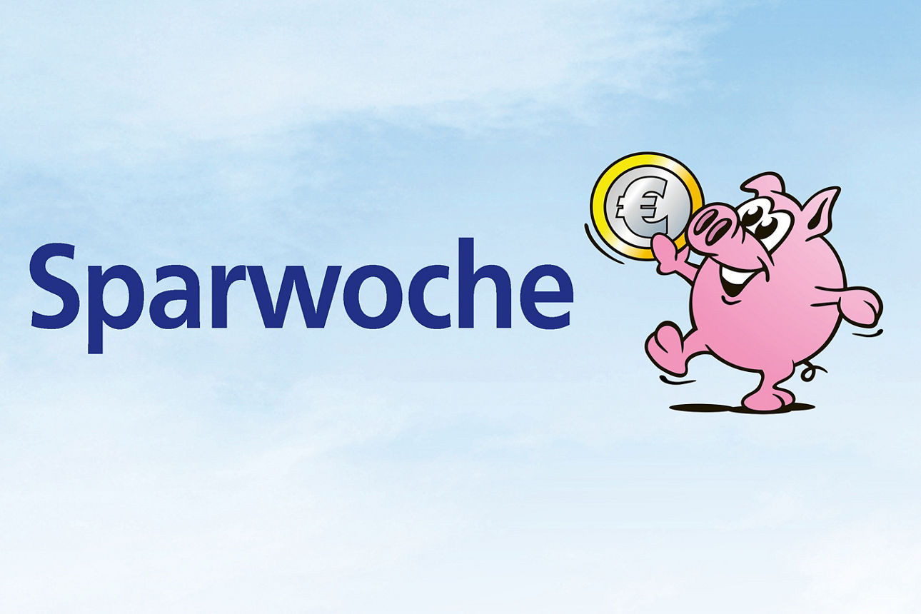 Illustriertes Sparschwein hält Münze zur Sparwoche in der Hand