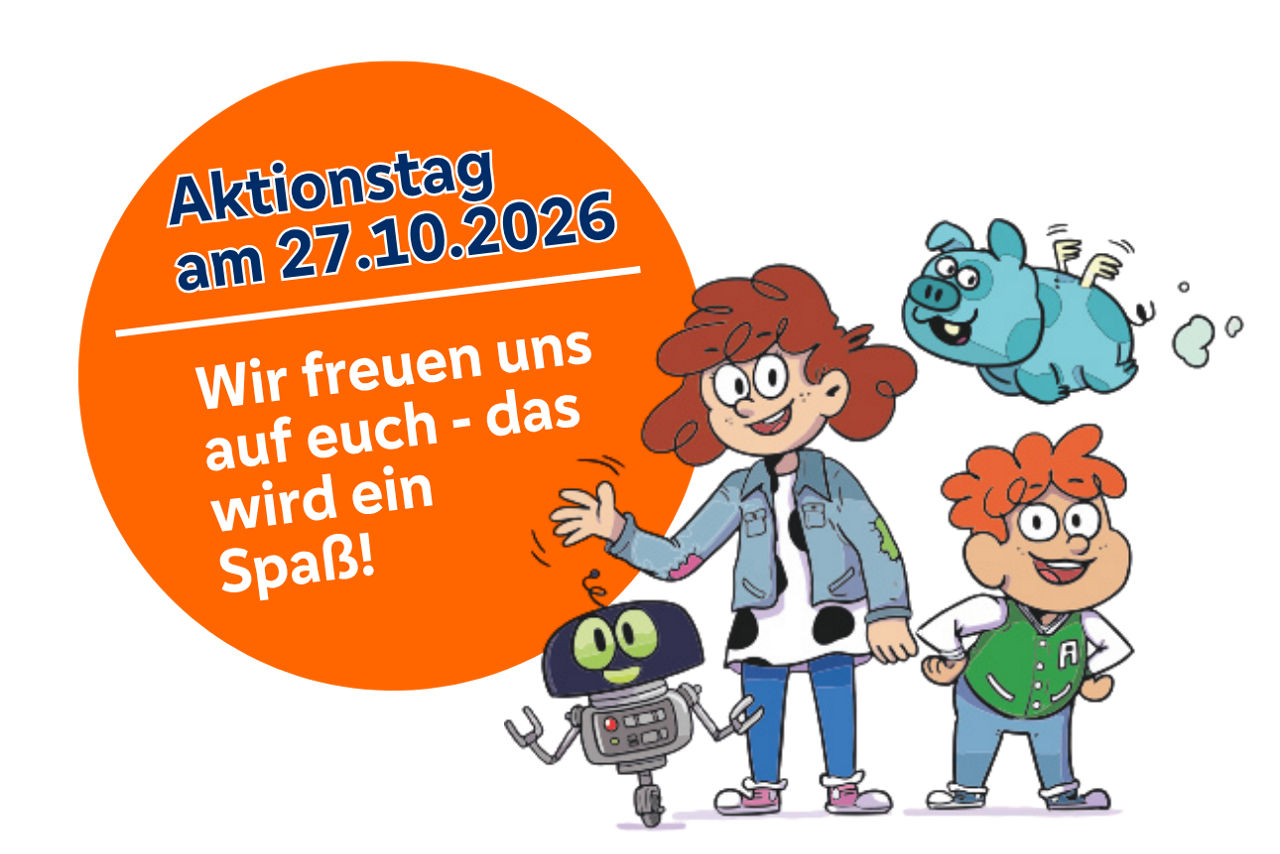 Comicfiguren und ein Roboter mit dem Schriftzug: ‚Wir freuen uns auf euch – das wird ein Spaß!