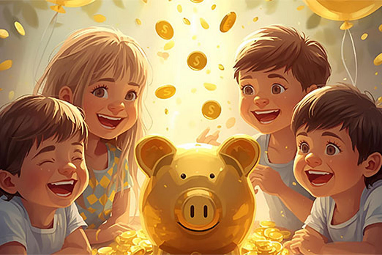 Illustraion von viel Kindern die um ein goldenes Sparschwein stehen.