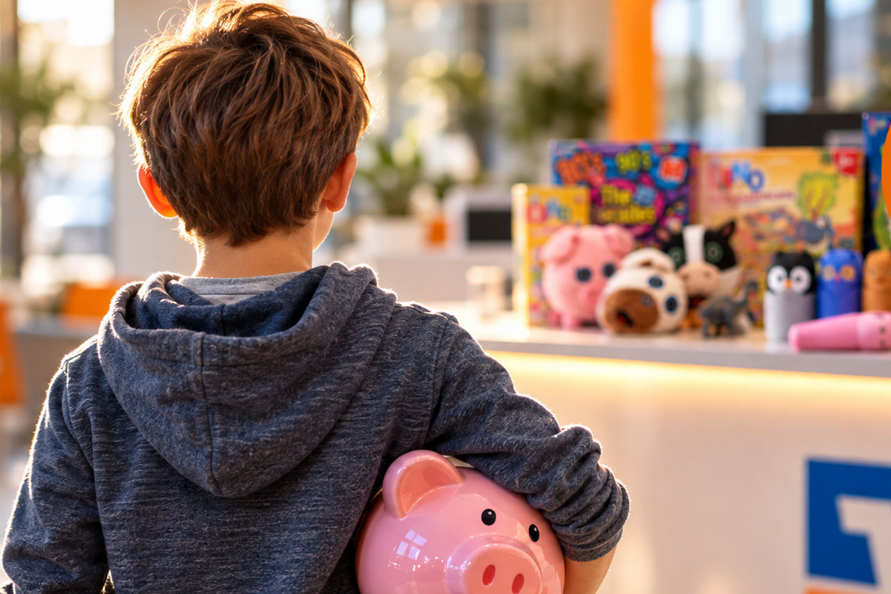 Kind mit Sparschwein auf dem Weg in die Bankfiliale