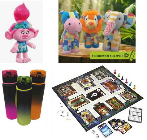 Collage Sparwochengeschenke: Troll-Figur, Plüschtiere  in Patch-Optik, Trinkfalschen mit Farbverlauf von Schwarz zu bunt, Cluedo-Riesenspiel