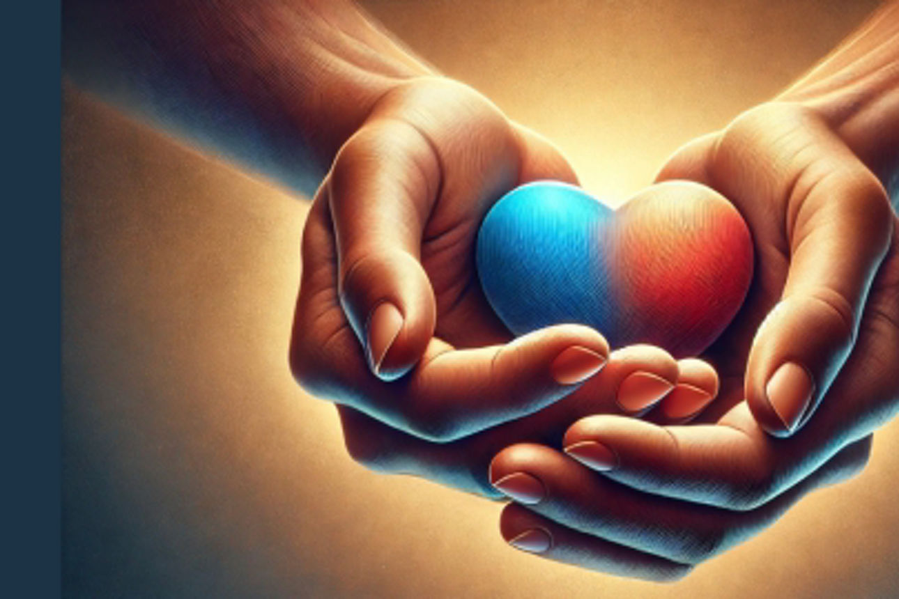 Zwei Hände mit leuchtendem Schein halten ein blau-rotes Herz