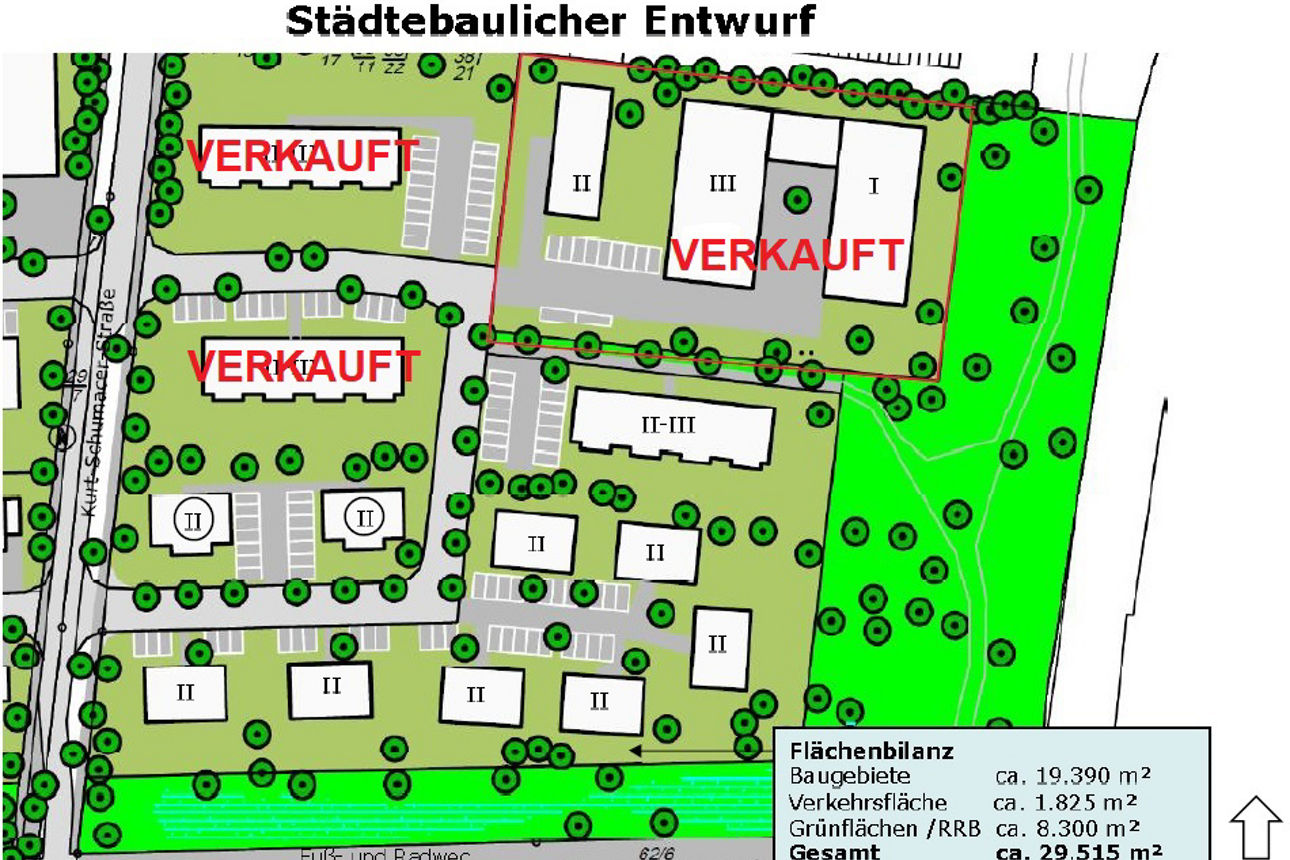 Lageplan des neuen Bauvorhabens mit Angabe des Grundrisses, der Gebäudestandorte und der Landschaftsgestaltung.