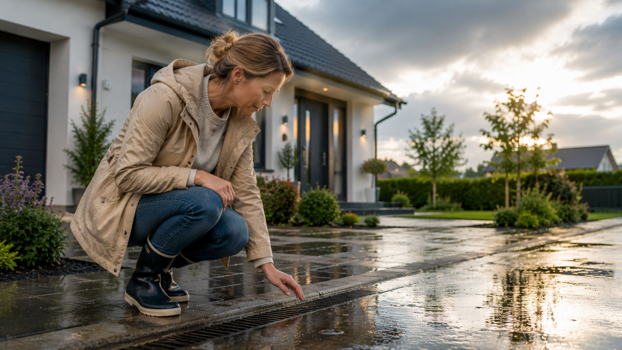 Frau vor Wohnhaus nach Starkregen