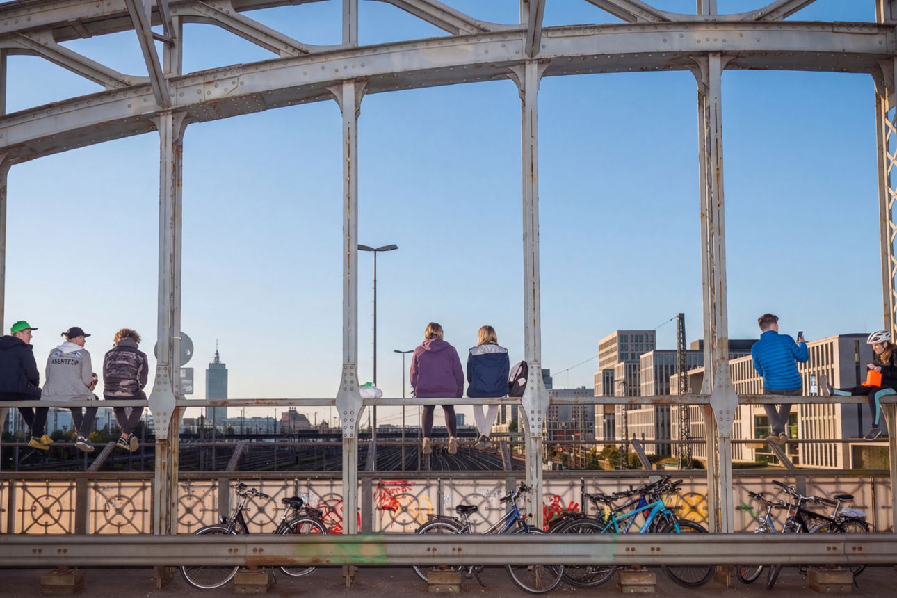 Mehrere Personen sitzen auf einer Stahlbrücke mit Blick auf die Stadtsilhouette.