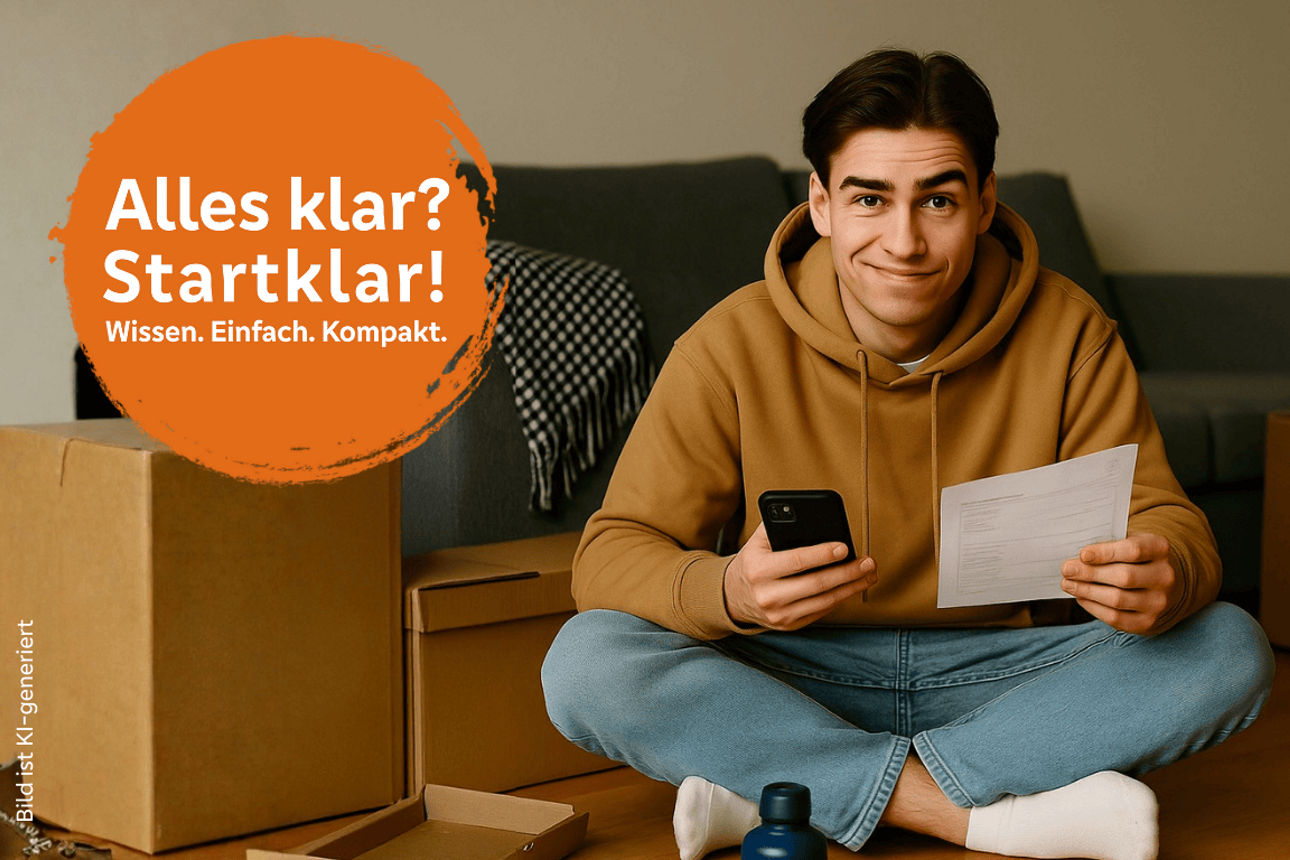 Person sitzt auf dem Boden zwischen Umzugskartons, hält Smartphone und Papier, Laptop und Trinkflasche davor.