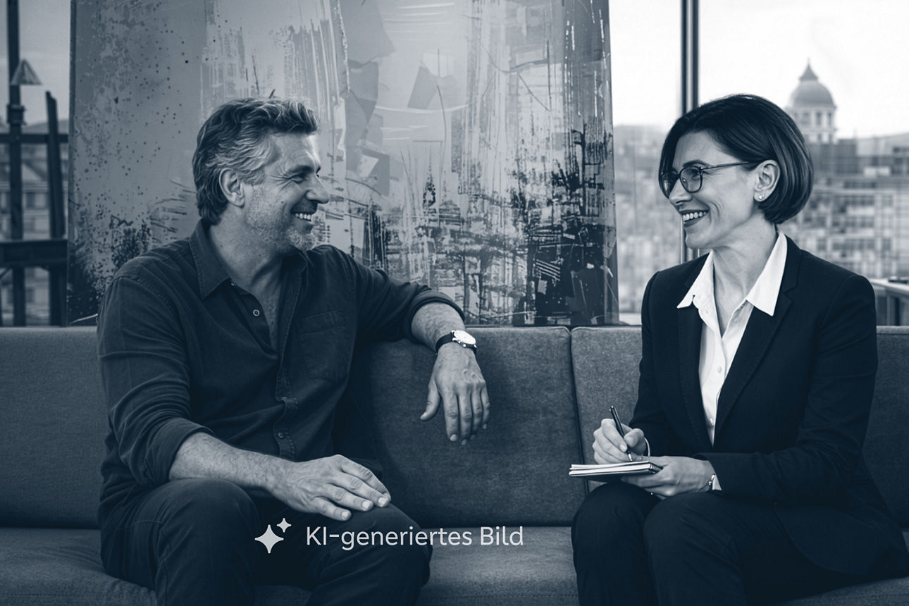 Beratungsgespräch zum Stiftungsmanagement auf dem Sofa. Hinweis: Es handelt sich um ein KI-generiertes Bild.