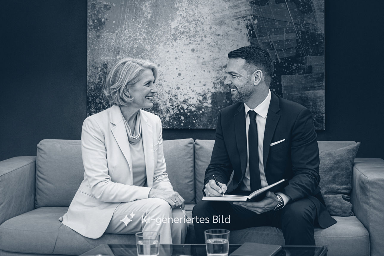 Mann führt mit Frau ein Beratungsgespräch und macht dabei Notizen. Hinweis: Es handelt sich um ein KI-generiertes Bild.