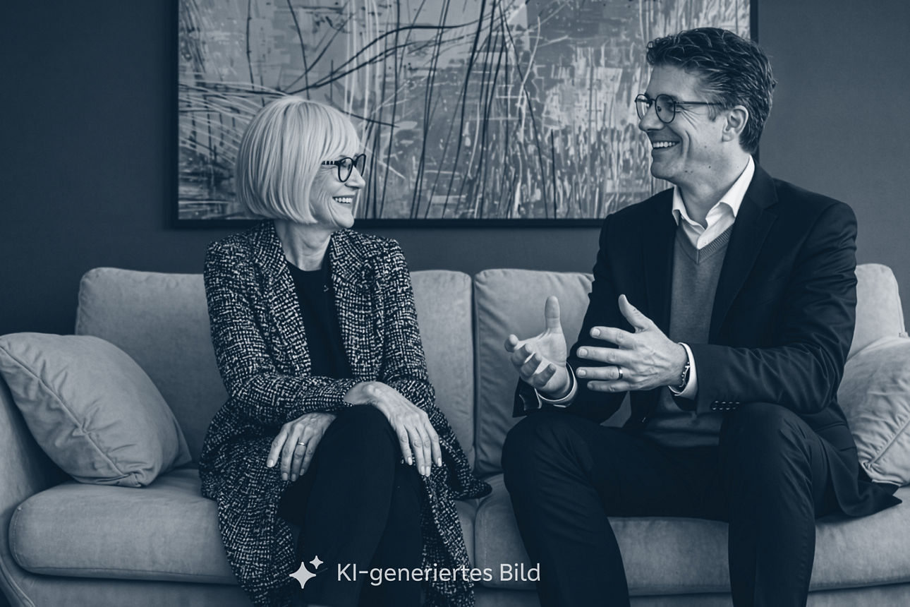 Mann und Frau sitzen auf einem Sofa und führen ein Beratungsgespräch. Hinweis: Es handelt sich um ein KI-generiertes Bild.