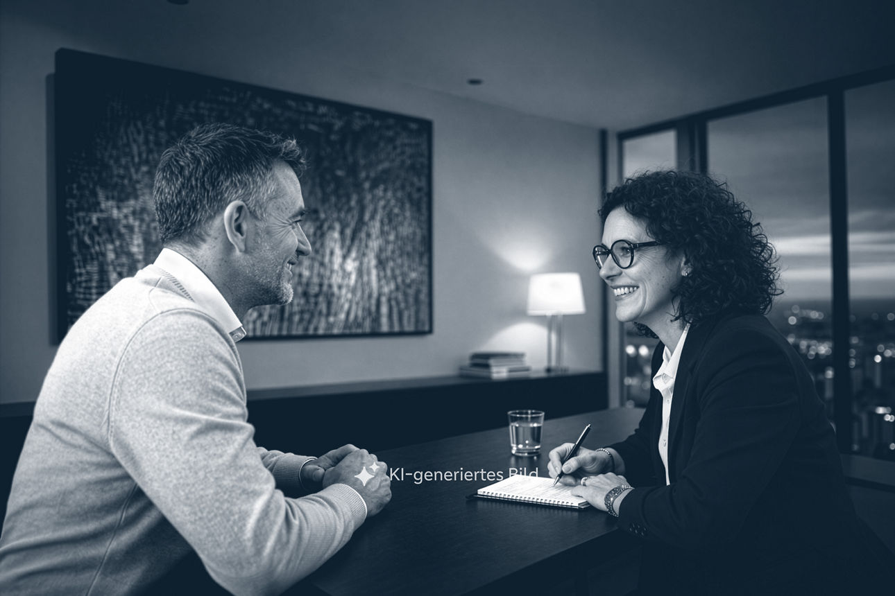 Frau führt mit Mann ein Beratungsgespräch und macht dabei Notizen. Hinweis: Es handelt sich um ein KI-generiertes Bild.