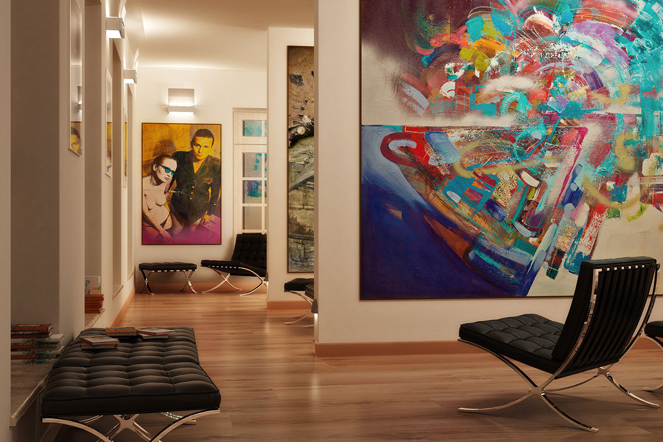 diverse Kunstbilder und Sitzmöglichkeiten 