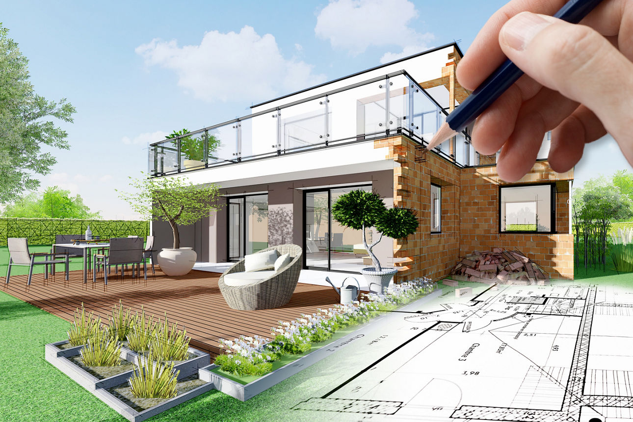 Konstruktion eines Haus durch einen Architekten via Zeichnung