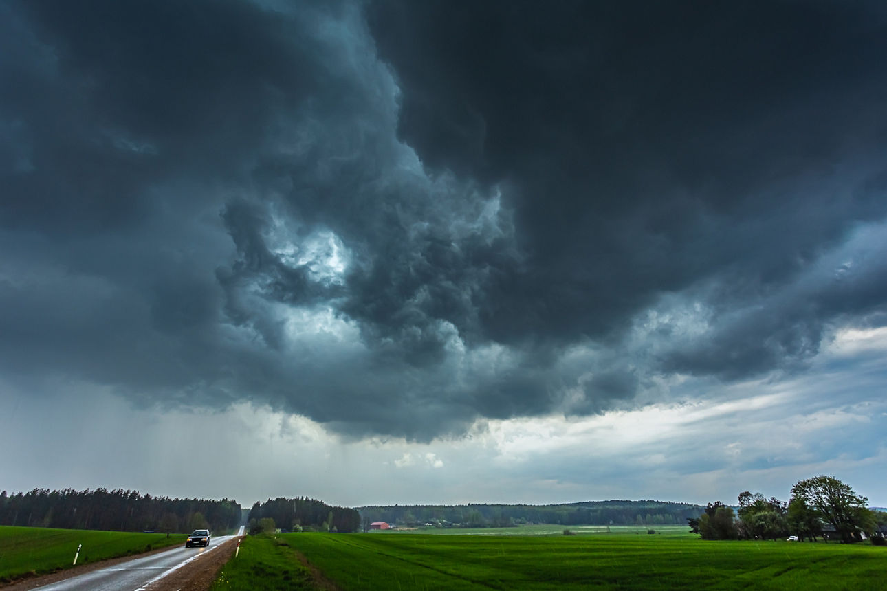 Storm clouds supercell with shelf cloud and intense rain