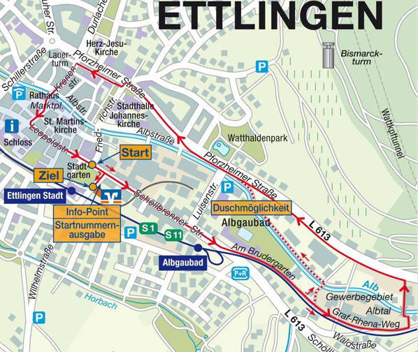 Ausschnitt aus einer Kartenansicht mit dem Streckenplan des Ettlinger Altstadtlaufs