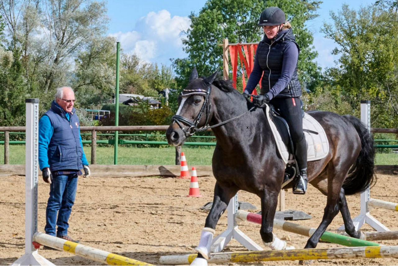 Reiterin reitet auf Pferd mit Schriftzug "Tag der offenen Tür beim Reit- und Fahrverein Fellbach e.V."