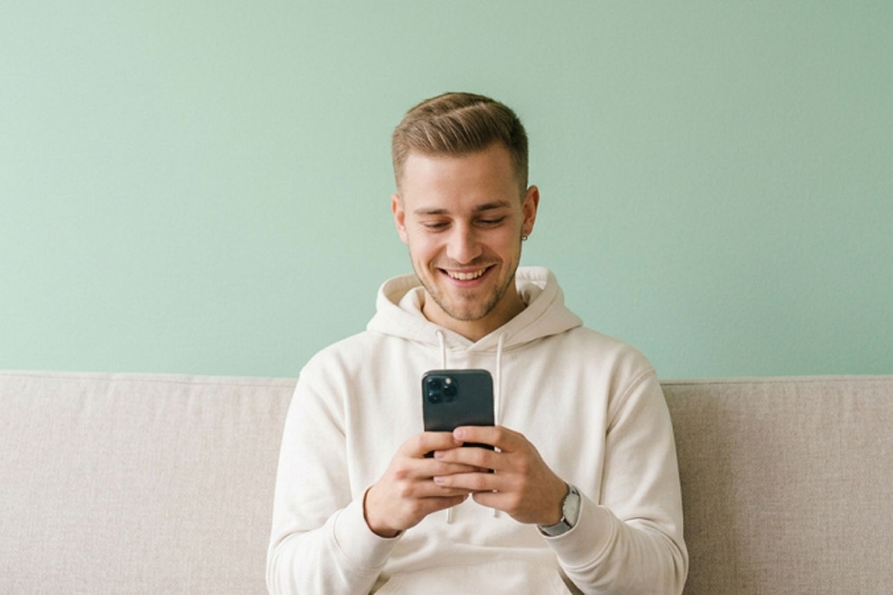 Mann sitzt auf Sofa und schaut auf sein Handy