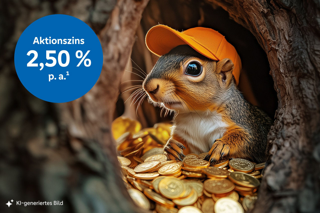 Ein Eichhörchen mit einer orangenen Basecap sitzt in einem Baum (KI generiertes Bild)