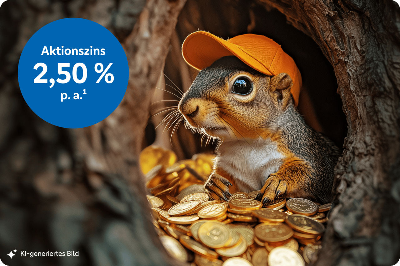 Ein Eichhörchen mit einer orangenen Basecap sitzt in einem Baum (KI generiertes Bild)