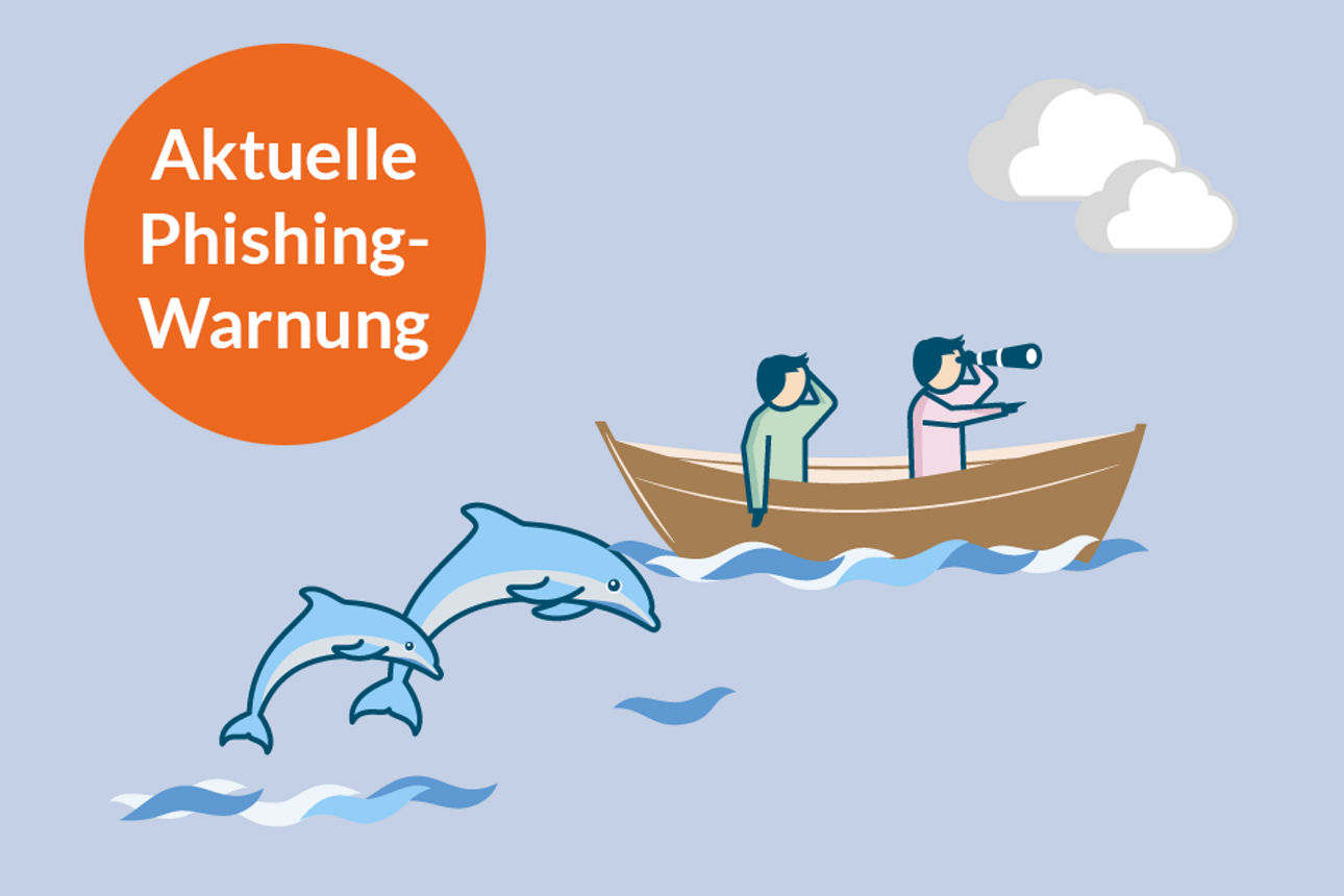Ein Boot mit zwei ausschauenden Personen und 2 Delphinen
