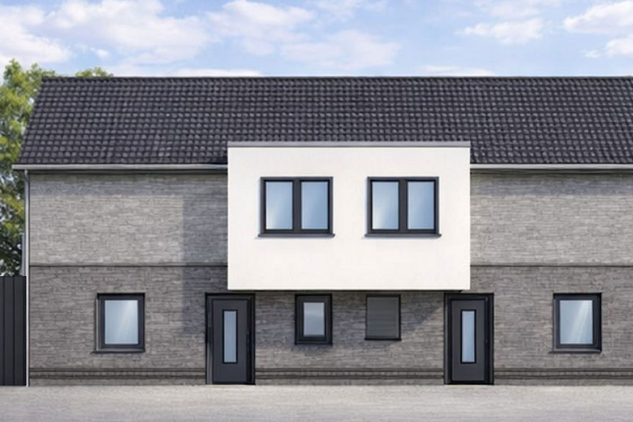 Visualisierung eines modernen Doppelhauses mit grauer Klinkerfassade, dunklem Satteldach und klarer Linienführung.