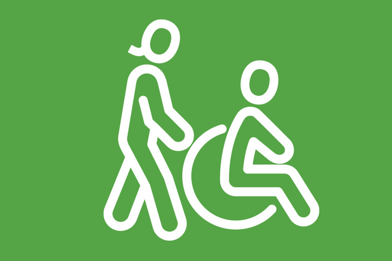 Icon auf dem eine Frau eine person im Rollstuhl schiebt