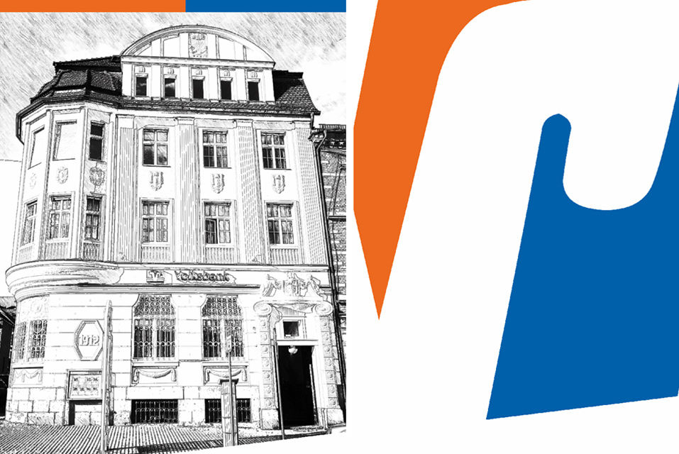 Logo der Volksbanken Raiffeisenbanken mit Bild der Hauptgeschäftsstelle