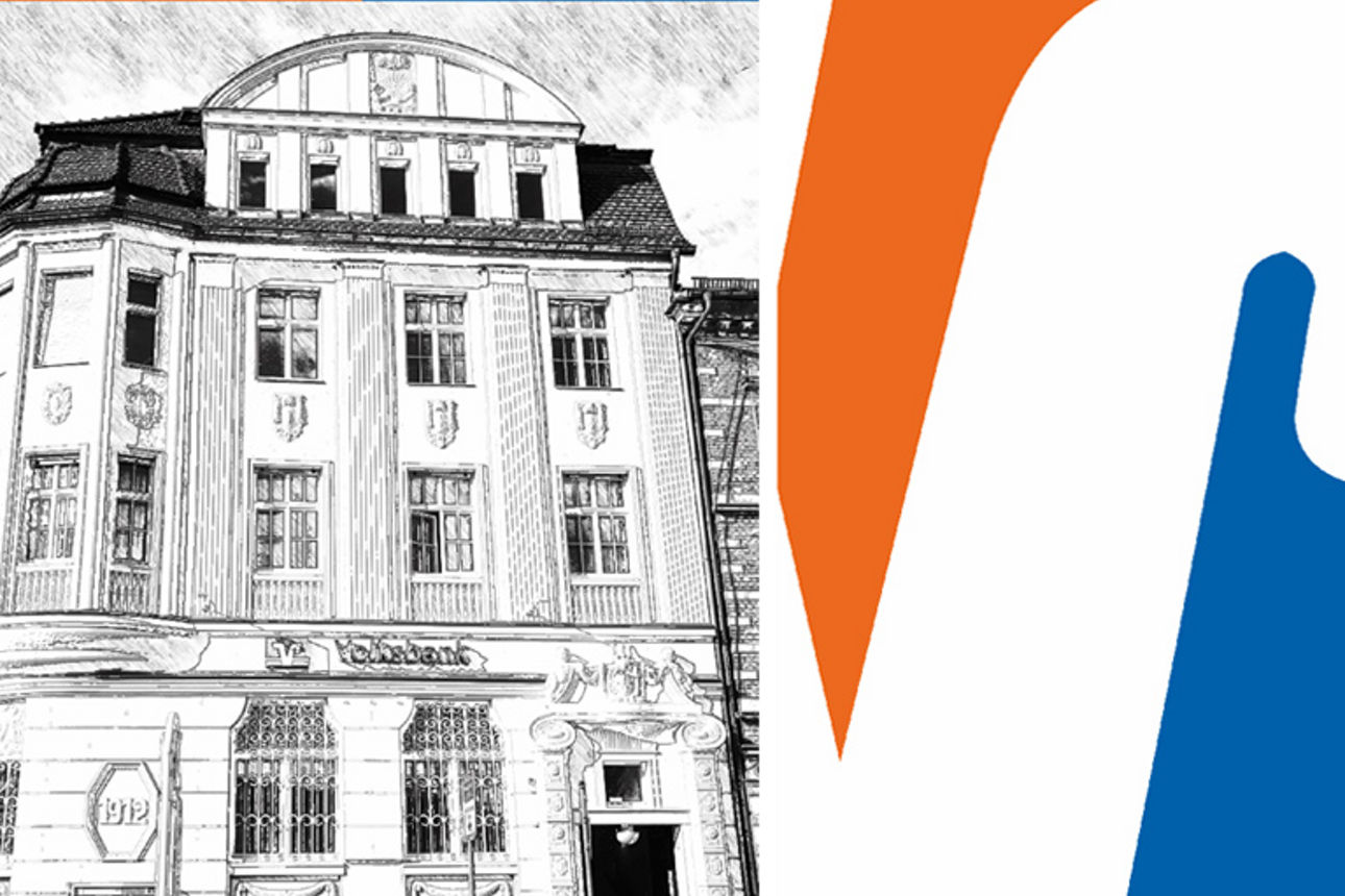 Logo der Volksbanken Raiffeisenbanken mit Bild der Hauptgeschäftsstelle