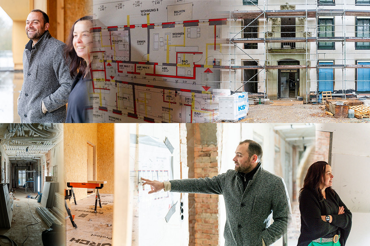 Collage - Personen stehen in einer Baustelle eines Hauses