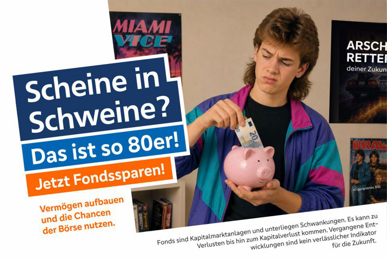 Junger Mann in 80er jahre Outfit und Vokuhila steckt einen 20€ Schein ins Sparschwein
