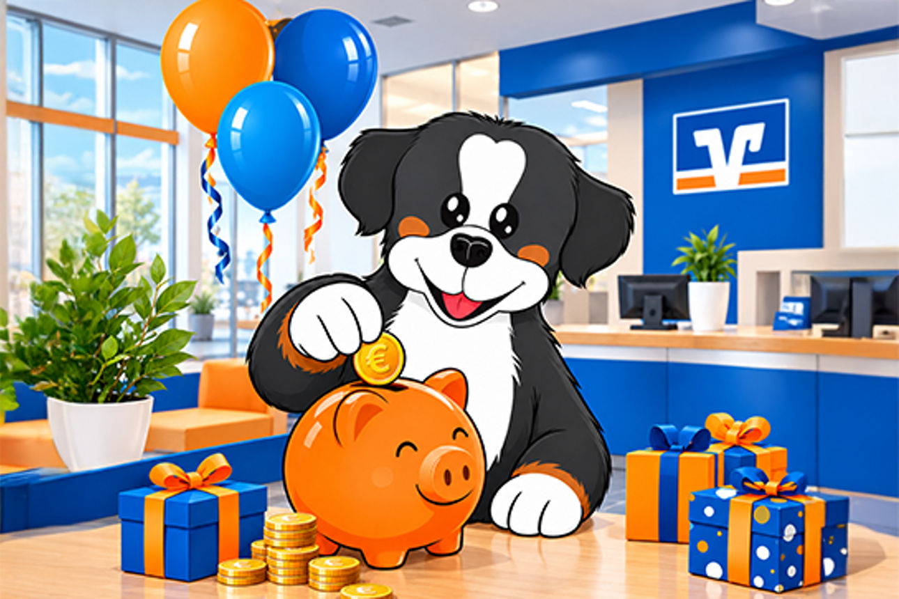 Bankhund Anton wirft eine Münze in sein Sparschwein. 