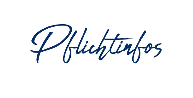 Das Wort "Pflichtinfos" in blau-verschnörkelter Schrift auf weißem Hintergrund.