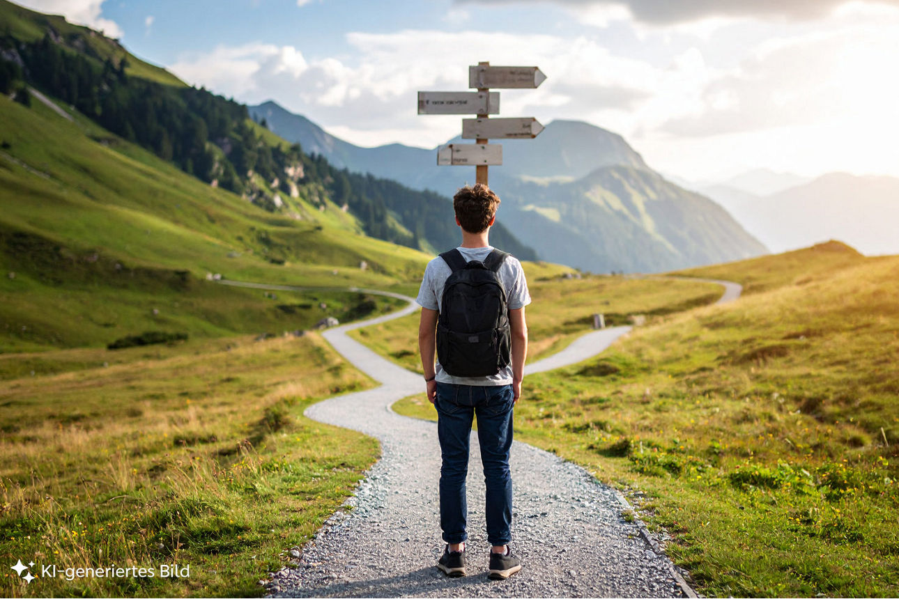 Ein Jugendlicher steht auf einem Berg und überlegt welcher Weg der Richtige ist.