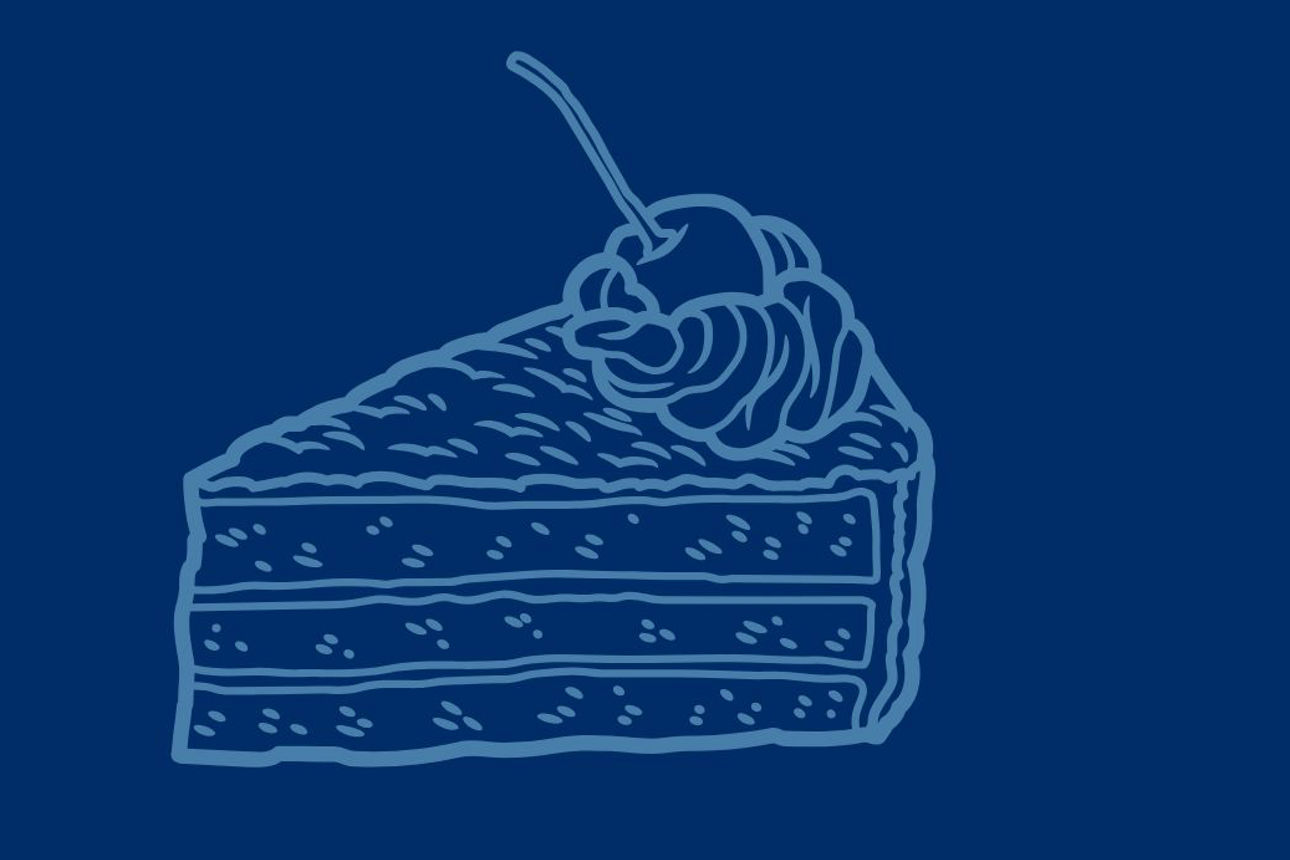 Stilisiertes Tortenstück mit einer Kirsche auf der Sahnehaube