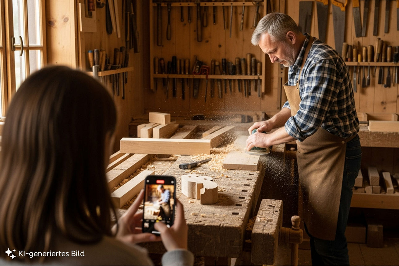 Eine Schülerin filmt einen Tischler bei seiner Arbeit