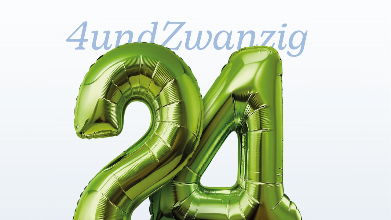 Titelbild Jahresbericht 2024 zeigt zwei Luftballons in den Zahlen zwei und vier in grün
