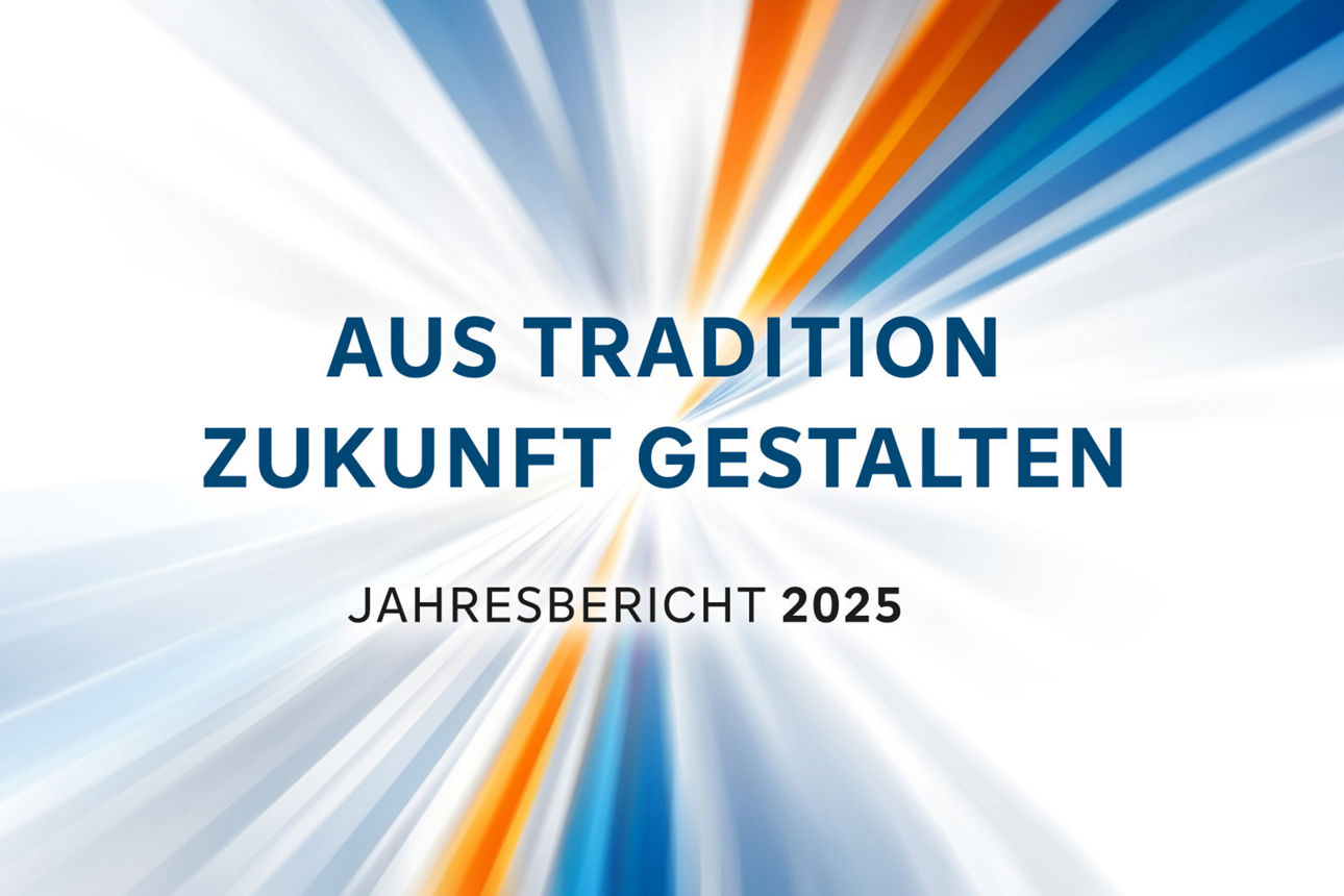 Grafik aus blauen, orangefarbenen und grauen Streifen, die aus der Mitte nach außen strahlen.